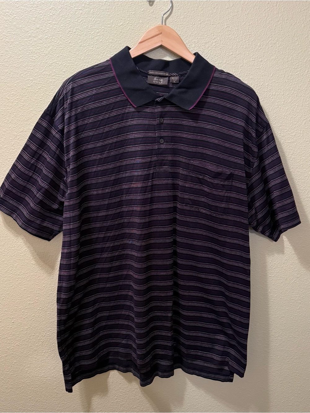 Men’s XL Tasso Elba Golf 100% Cotton Black Purple Striped Polo Shirt